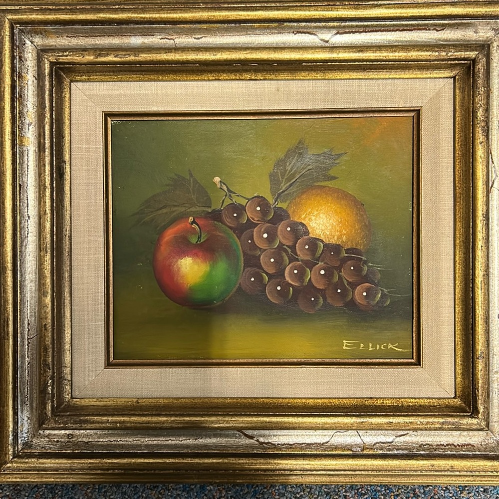 Vintage oil painting  Still life fruits  , original  vintage frame